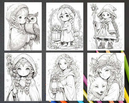 52 Cute Druid Girl Grayscale Coloring Pages for Adults, Printable PDF Instant Download
