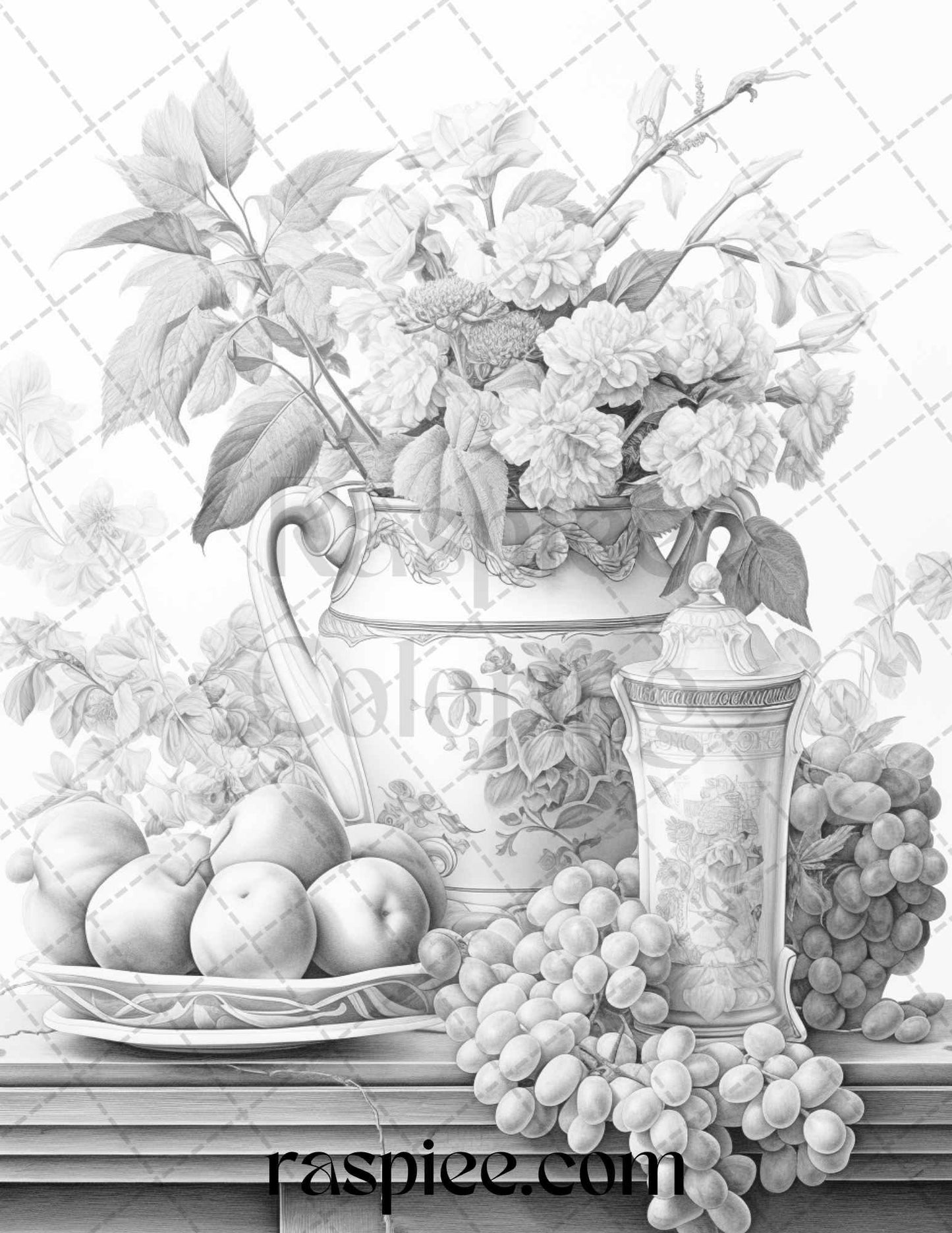 52 Still Life Grayscale Coloring Pages Printable for Adults, PDF File Instant Download