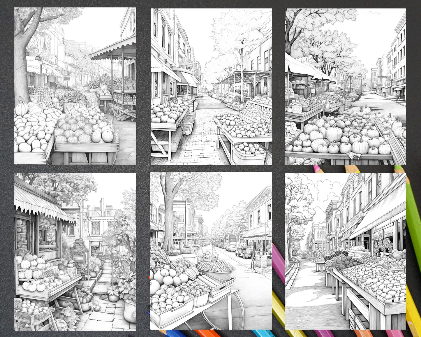 Autumn Street Markets Grayscale Coloring Pages for Adults, Printable PDF File Instant Download