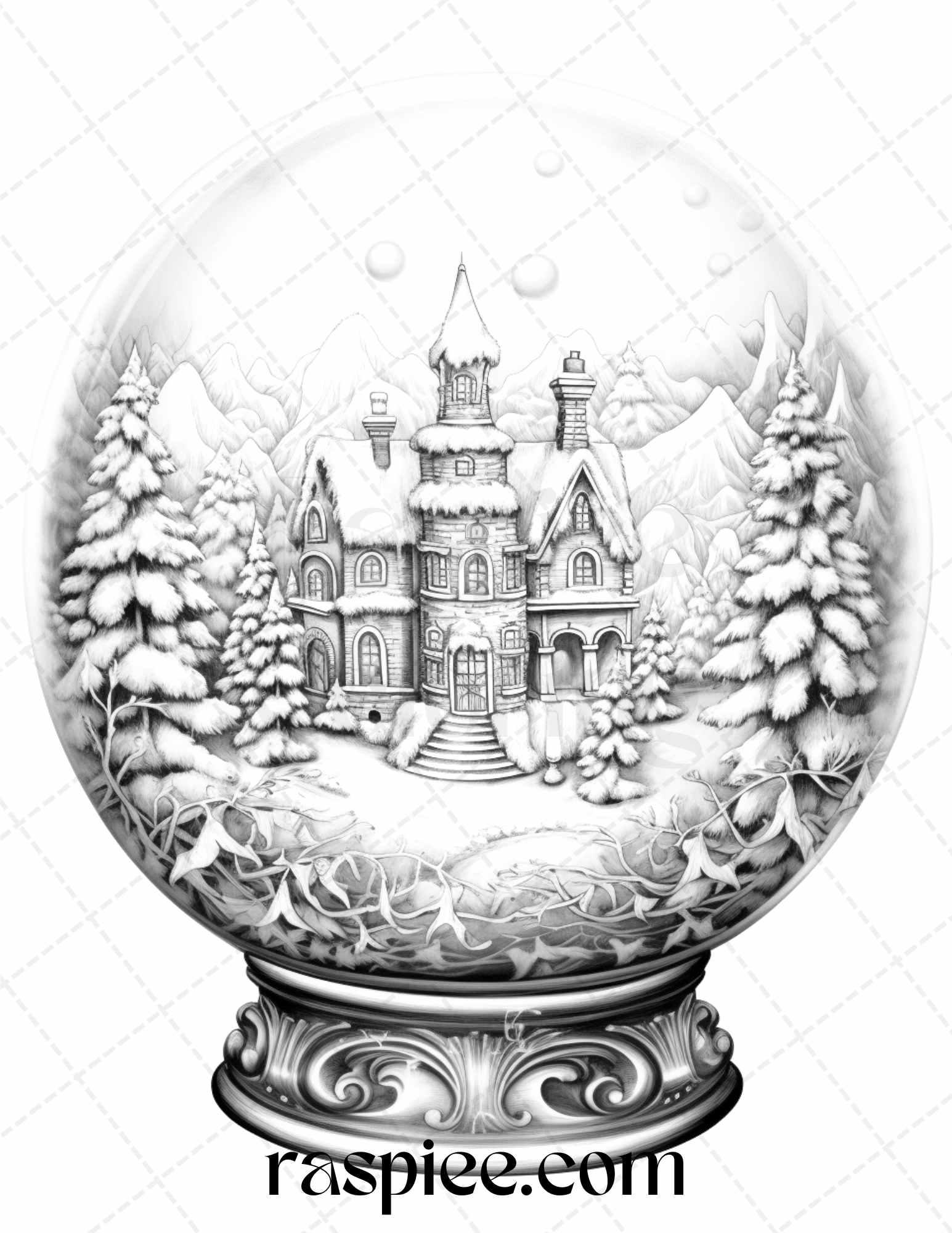 Cozy Cabin in Snow Globe Grayscale Coloring Pages Printable for Adults, PDF File Instant Download