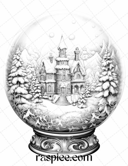 Cozy Cabin in Snow Globe Grayscale Coloring Pages Printable for Adults, PDF File Instant Download