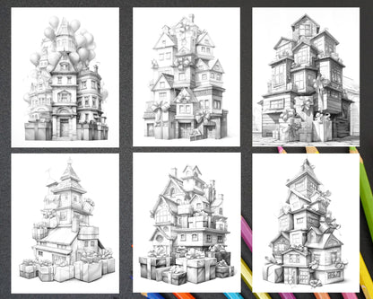 40 Adorable Gift Box Houses Grayscale Coloring Pages Printable for Adults Kids, PDF File Instant Download