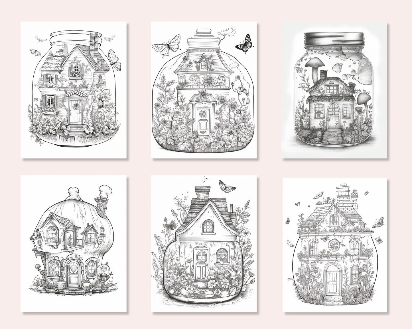 50 Printable Fairy Houses in Jar Coloring Pages for Adults, Grayscale Coloring Book, Stress Relief Coloring Pages, Printable PDF Instant Download