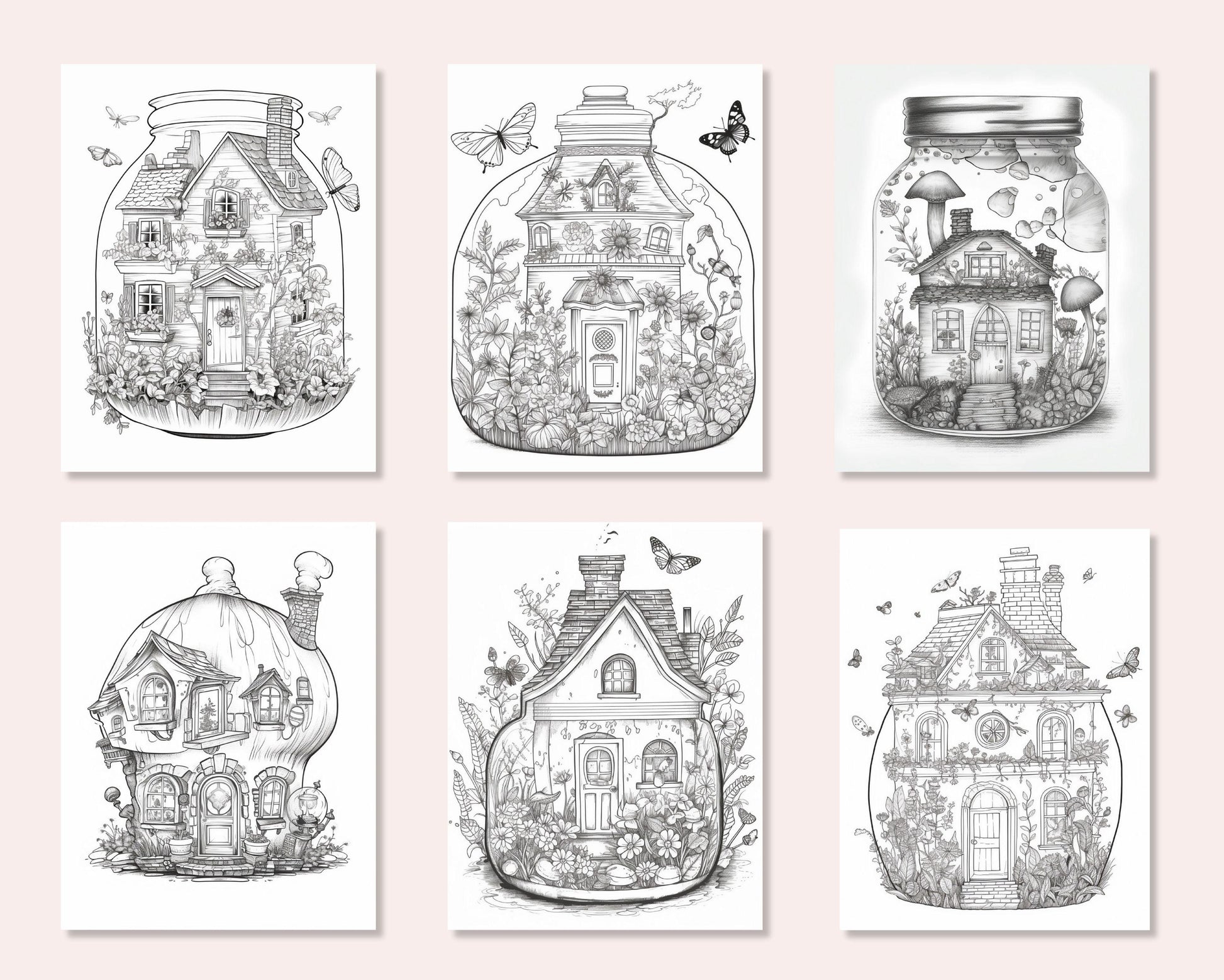 50 Printable Fairy Houses in Jar Coloring Pages for Adults, Grayscale Coloring Book, Stress Relief Coloring Pages, Printable PDF Instant Download