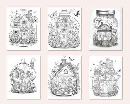 50 Printable Fairy Houses in Jar Coloring Pages for Adults, Grayscale Coloring Book, Stress Relief Coloring Pages, Printable PDF Instant Download