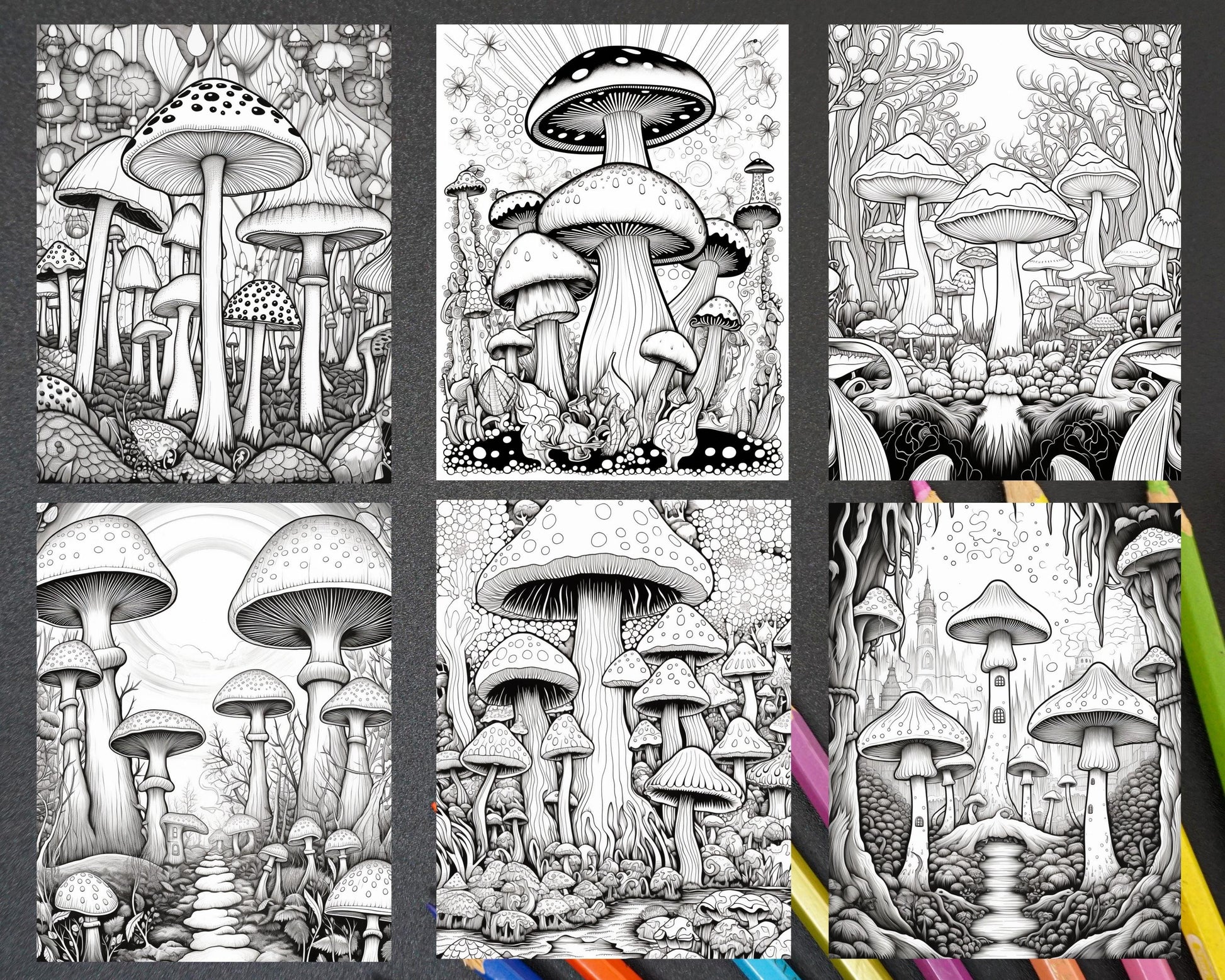 Psychedelic Mushroom Forest Coloring Book Printable for Adults, Trippy Grayscale Coloring Page, PDF File Instant Download