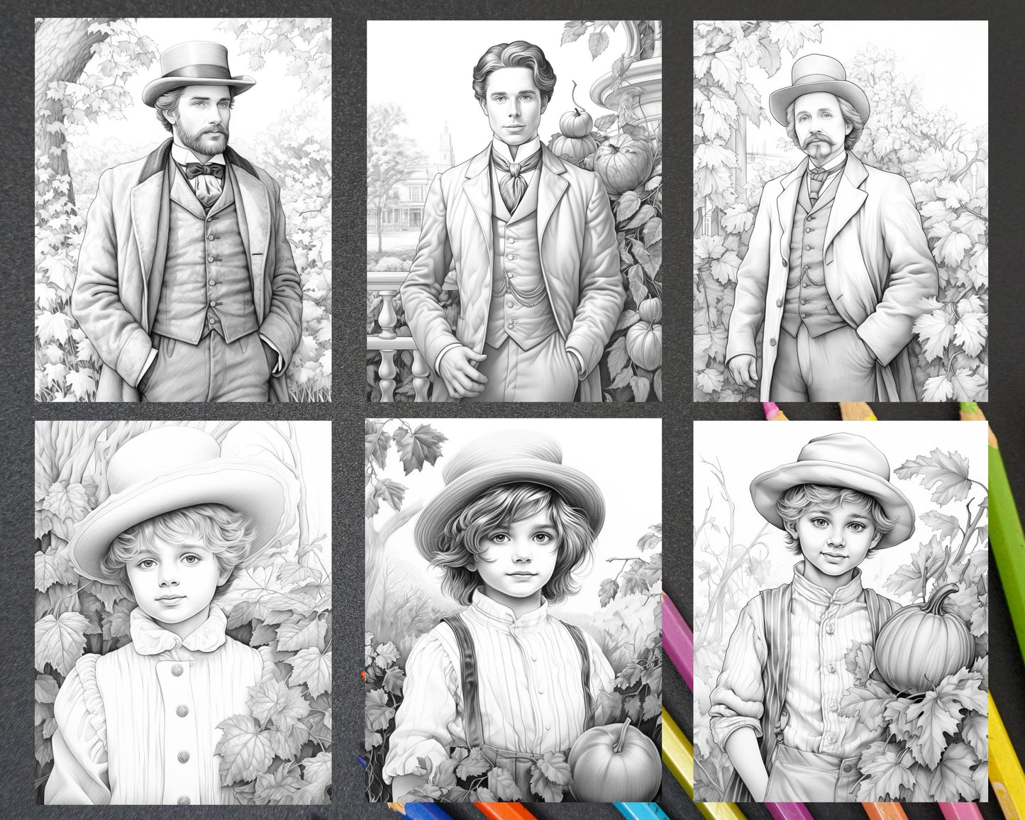 60 Victorian Autumn Portrait Grayscale Coloring Pages Printable for Adults, PDF File Instant Download