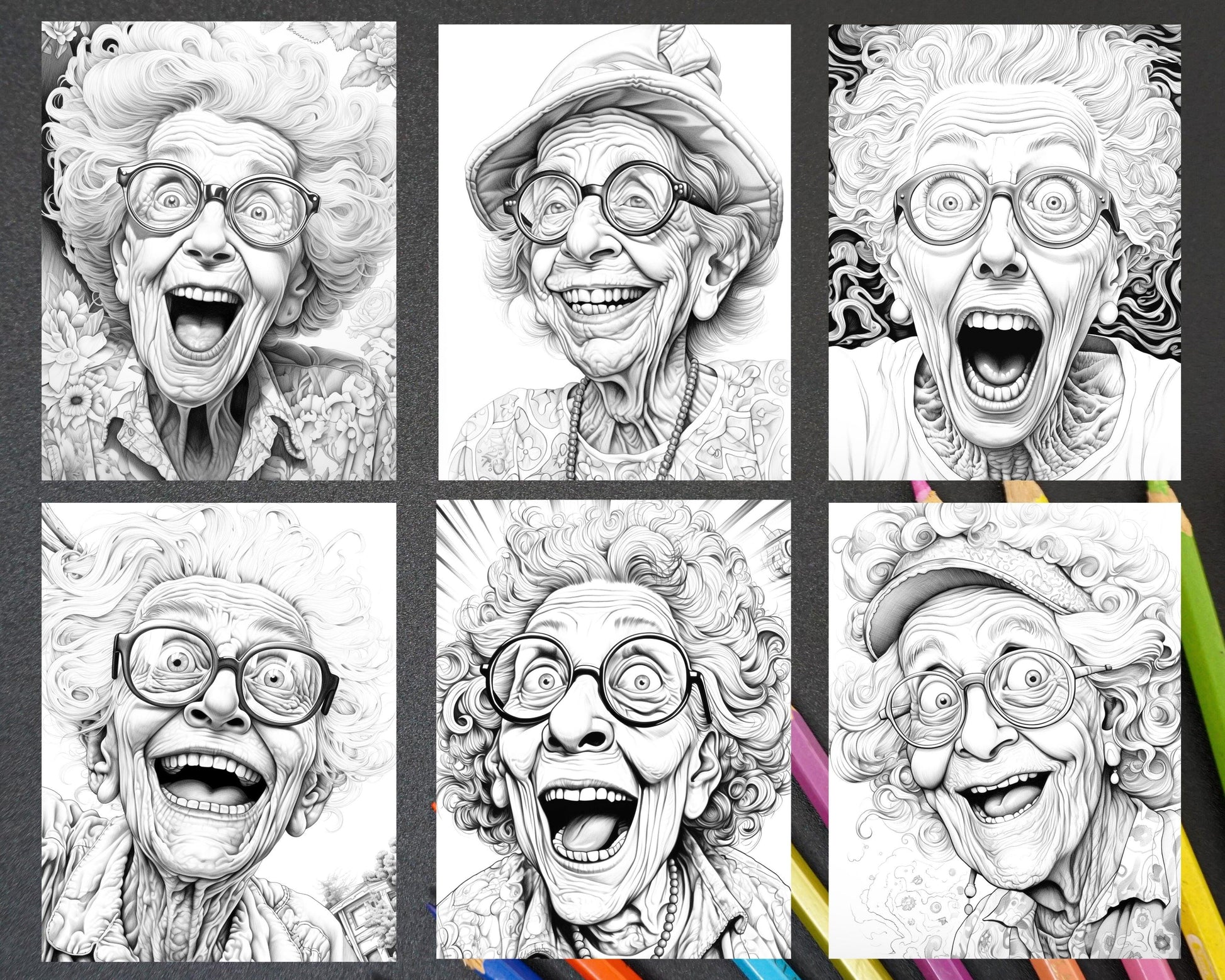 50 Funny Grandma Grayscale Coloring Pages for Adults, Printable PDF Instant Download