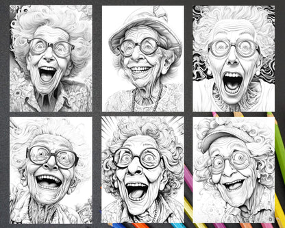 50 Funny Grandma Grayscale Coloring Pages for Adults, Printable PDF Instant Download