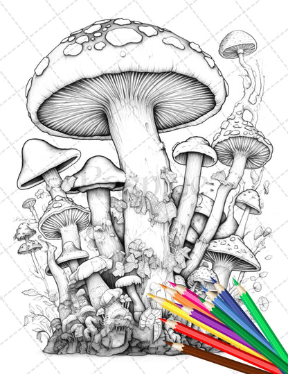 Psychedelic Mushroom Forest Coloring Book Printable for Adults, Trippy Grayscale Coloring Page, PDF File Instant Download