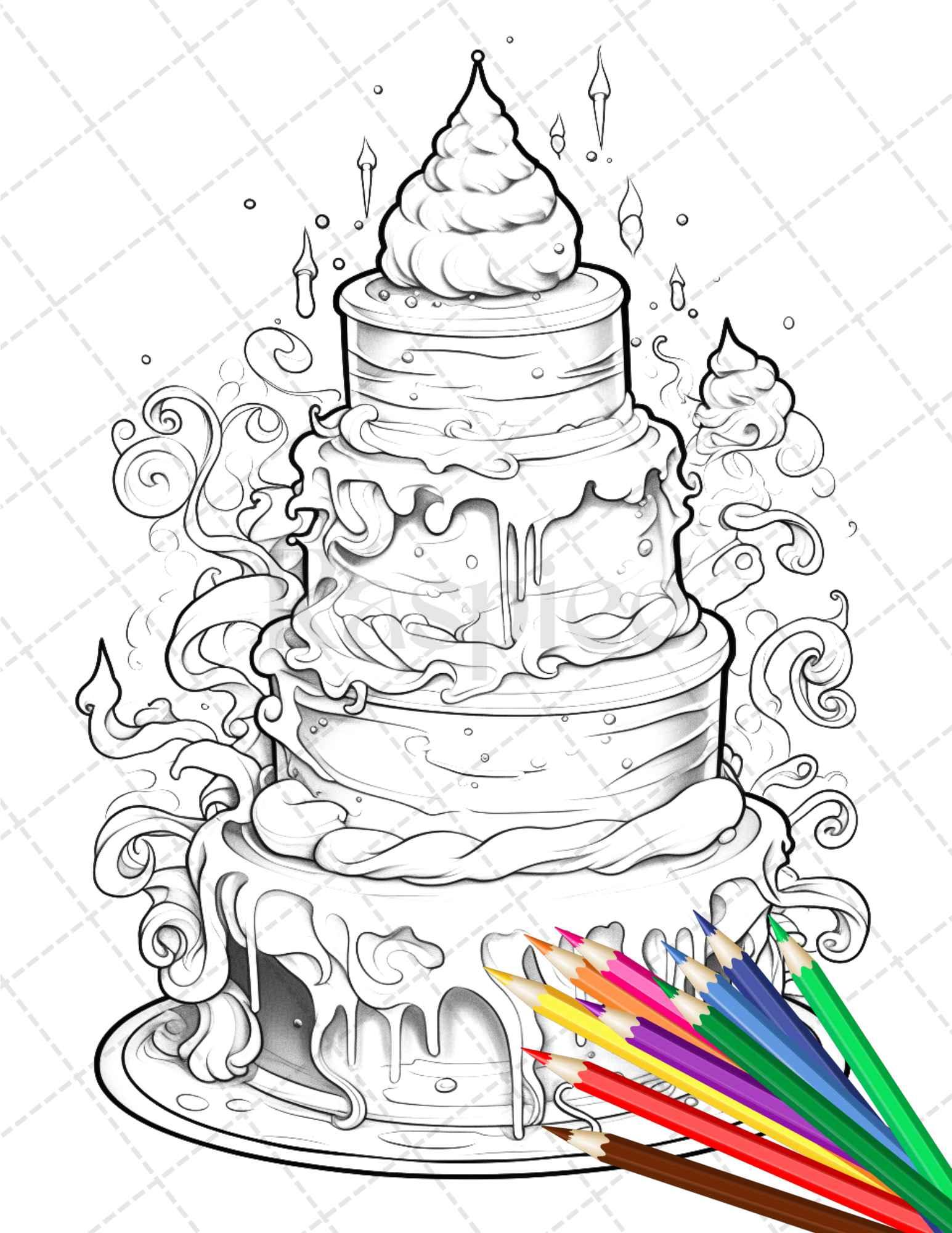 38 Whimsical Cakes Grayscale Coloring Pages for Adults, PDF File Instant Download
