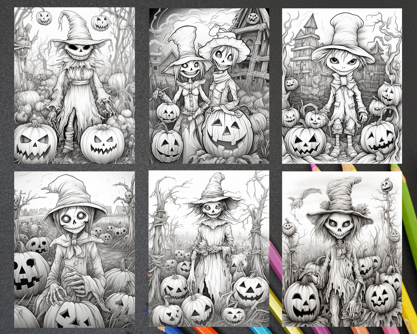 50 Halloween Scarecrows Grayscale Coloring Pages Printable for Adults, PDF File Instant Download