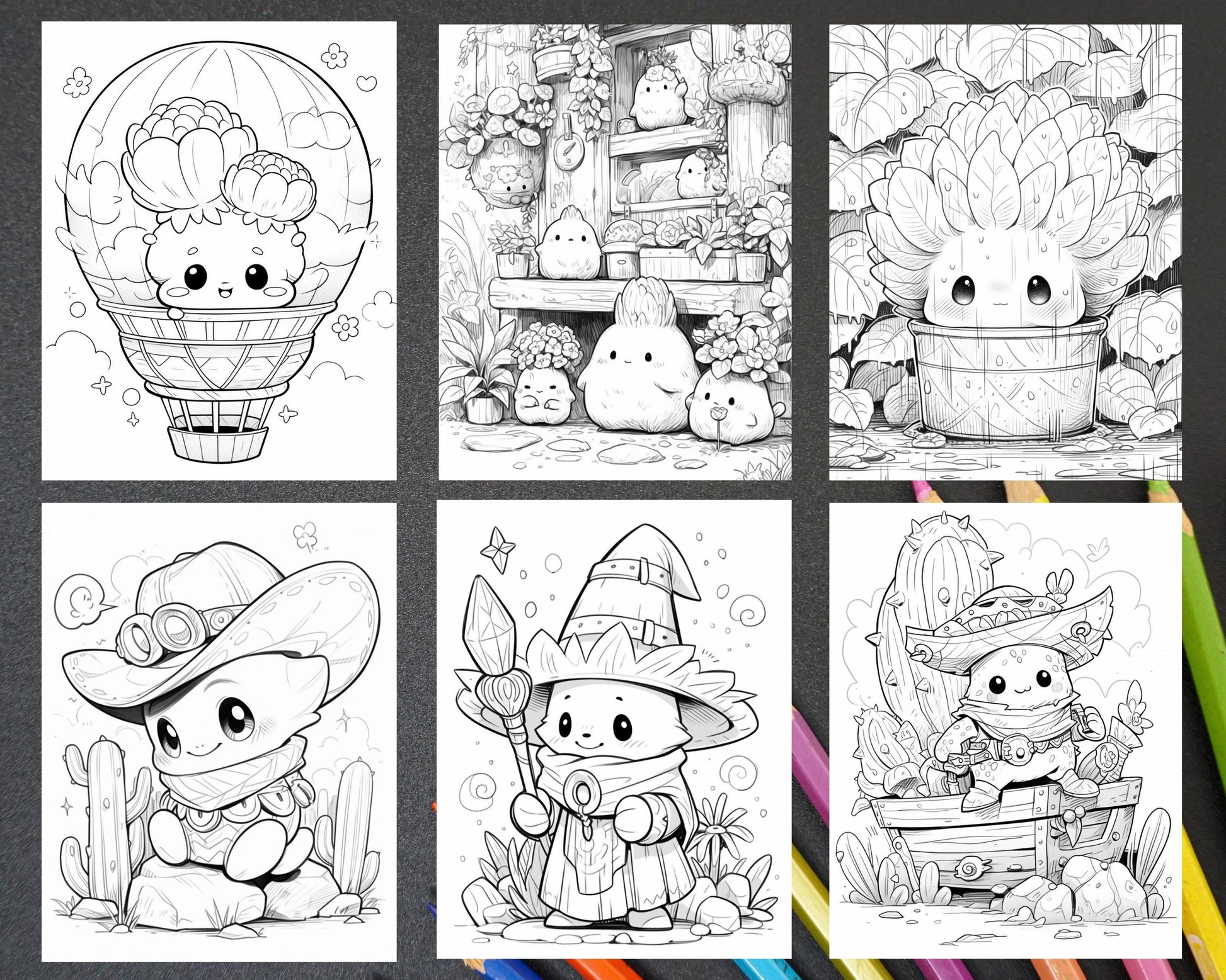 60 Cute Cactus Adventure Grayscale Coloring Pages for Adults, Printable PDF Instant Download