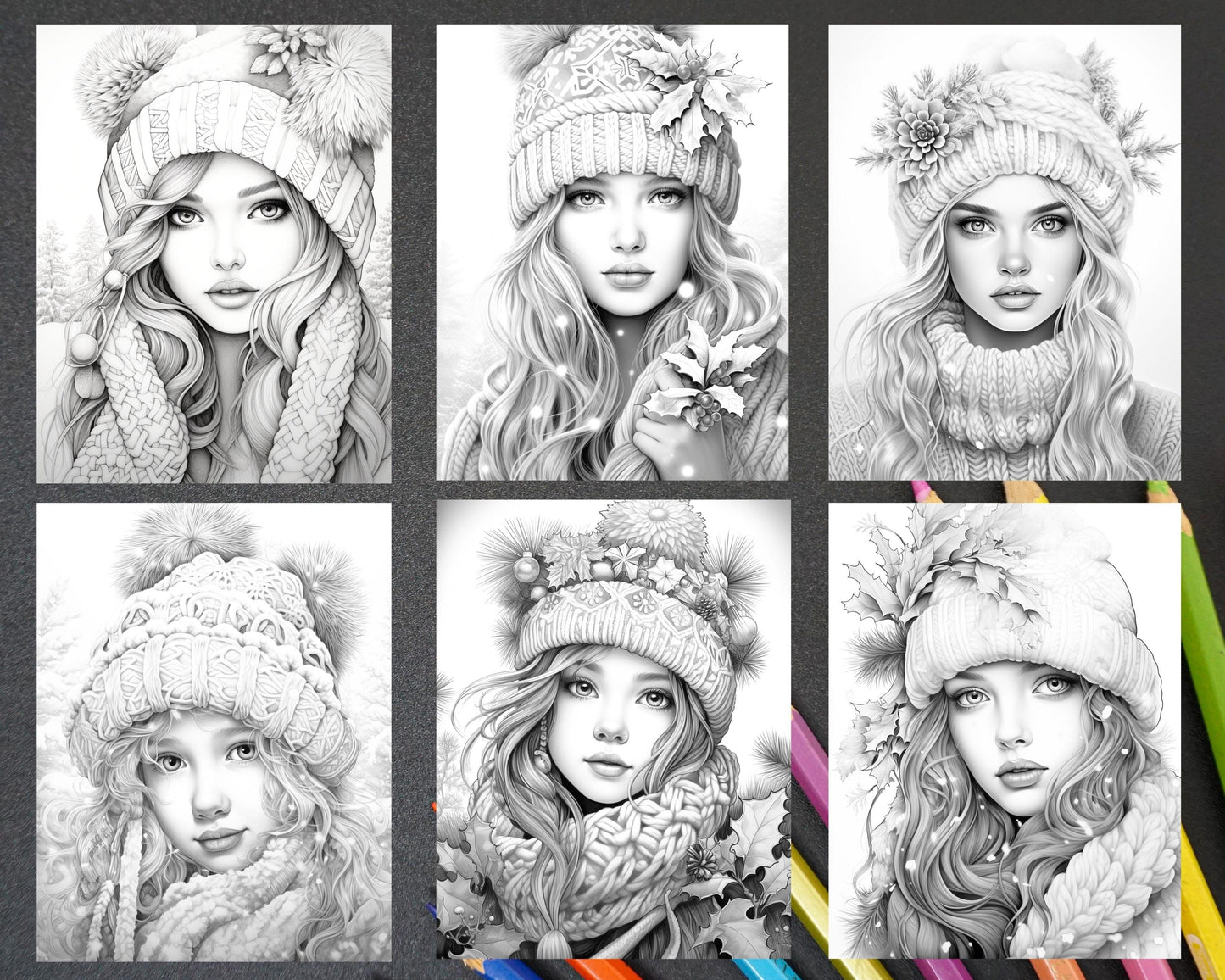 60 Beautiful Winter Girls Grayscale Coloring Pages Printable for Adults, PDF File Instant Download