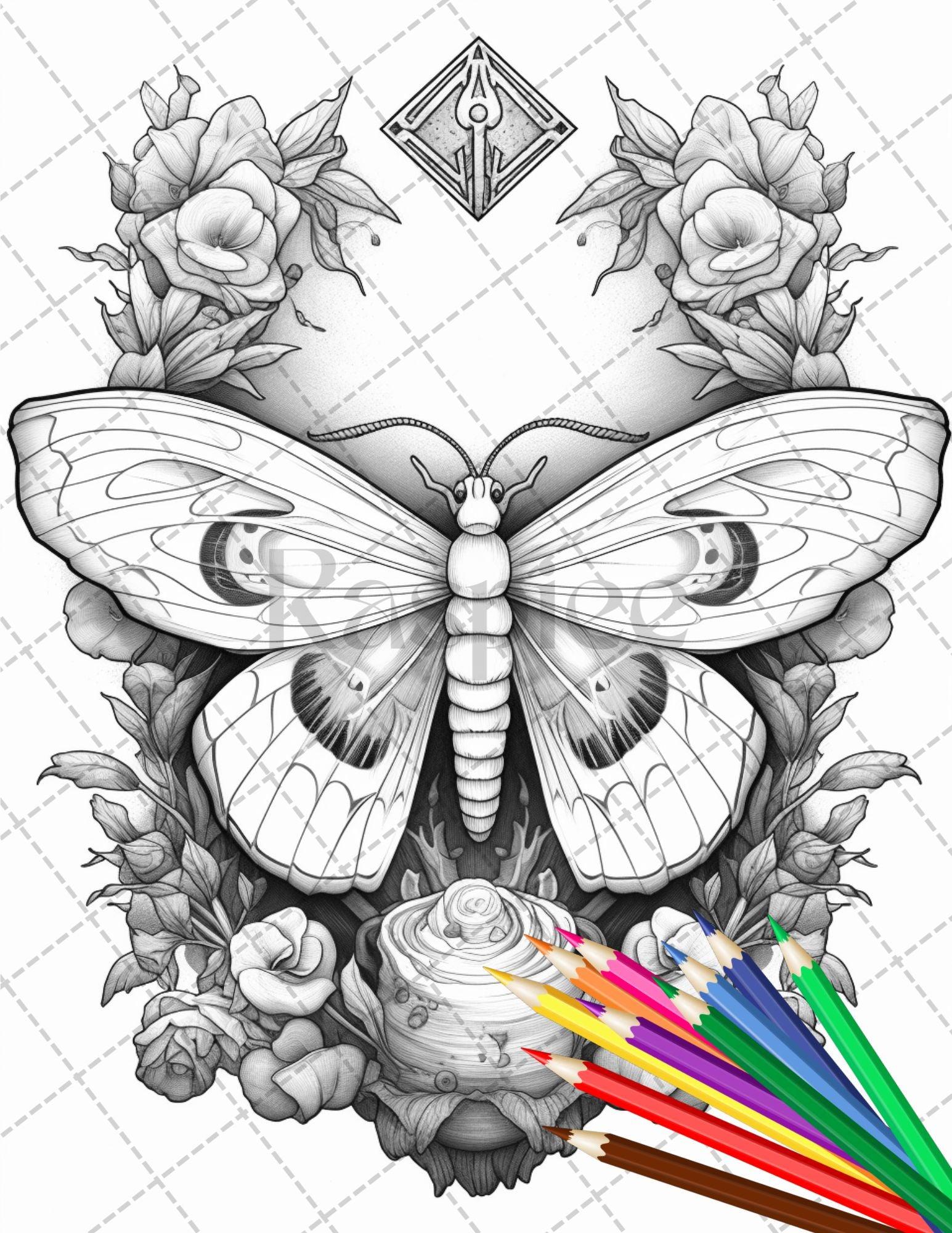32 Beautiful Moths and Floral Coloring Book for Adults, Grayscale Coloring Page, Printable PDF Instant Download