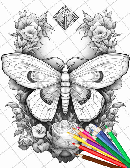 32 Beautiful Moths and Floral Coloring Book for Adults, Grayscale Coloring Page, Printable PDF Instant Download