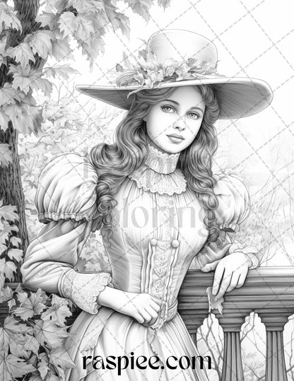 60 Victorian Autumn Portrait Grayscale Coloring Pages Printable for Adults, PDF File Instant Download