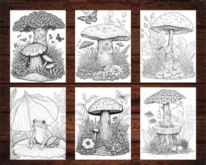 100 Mushroom Forest Coloring Pages Printable for Adults and Kids, Grayscale Coloring Book, Printable PDF File Instant Download