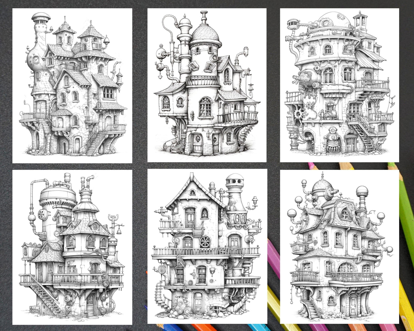 50 Steampunk Houses Grayscale Coloring Pages Printable for Adults, PDF File Instant Download