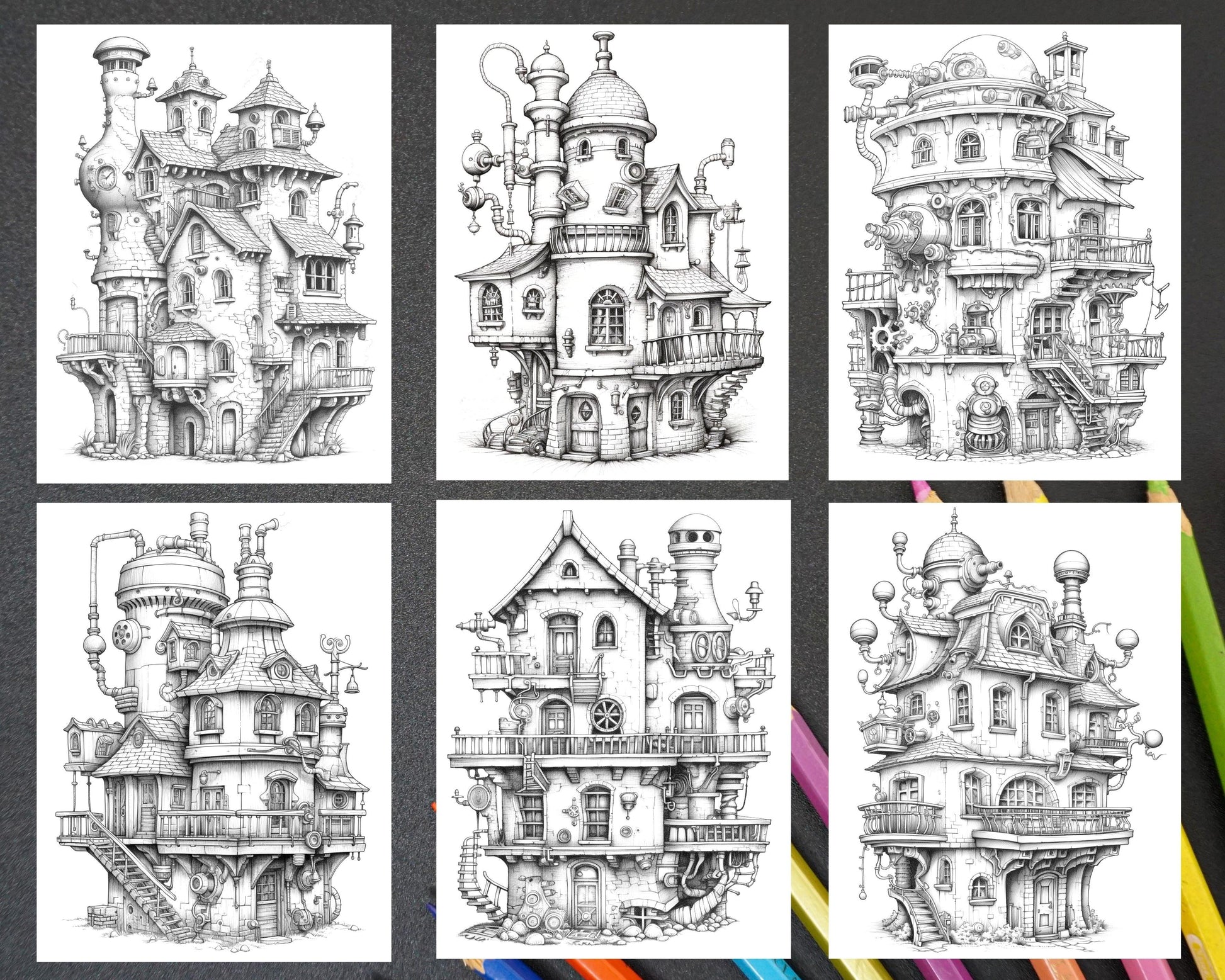 50 Steampunk Houses Grayscale Coloring Pages Printable for Adults, PDF File Instant Download