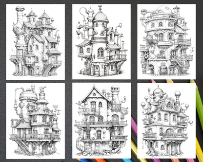50 Steampunk Houses Grayscale Coloring Pages Printable for Adults, PDF File Instant Download