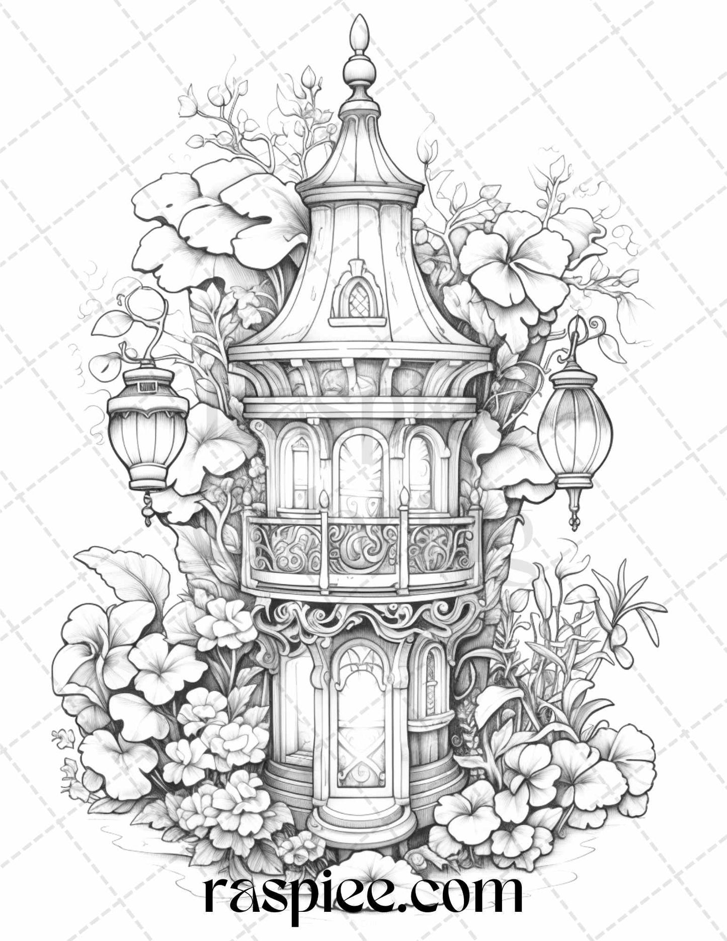 50 Lantern Fairy Houses Grayscale Coloring Pages Printable for Adults, PDF File Instant Download