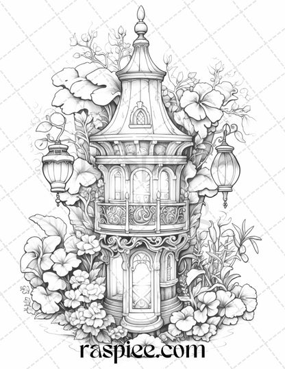 50 Lantern Fairy Houses Grayscale Coloring Pages Printable for Adults, PDF File Instant Download