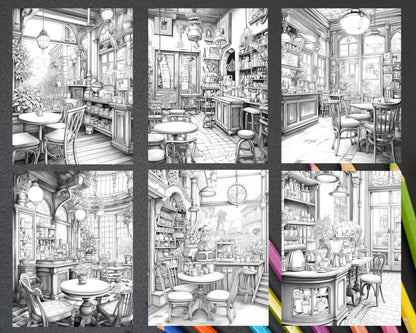 50 Cozy Coffee Shop Grayscale Coloring Pages Printable for Adults, PDF File Instant Download