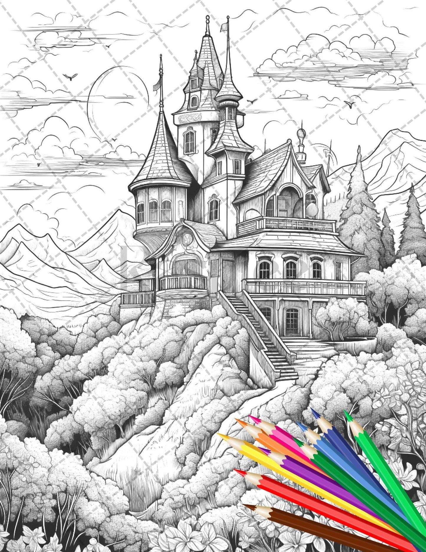 122 Fantasy Castles Coloring Book for Adults, Grayscale Coloring Page, Printable PDF Instant Download