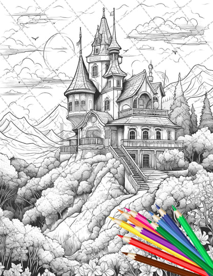 122 Fantasy Castles Coloring Book for Adults, Grayscale Coloring Page, Printable PDF Instant Download
