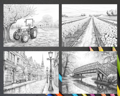 60 Spring Rainy Day Landscapes Grayscale Adult Coloring Pages, Printable PDF Instant Download