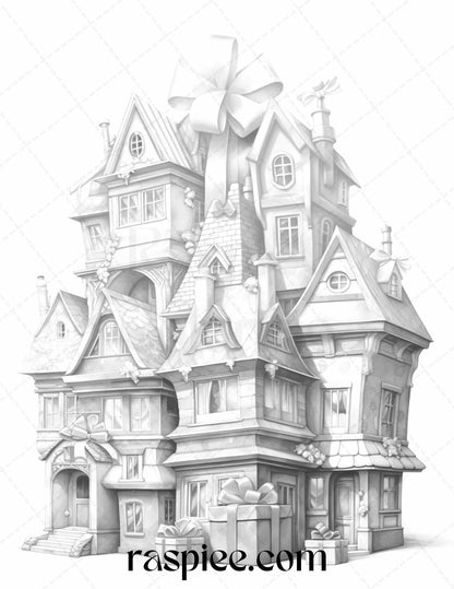 40 Adorable Gift Box Houses Grayscale Coloring Pages Printable for Adults Kids, PDF File Instant Download