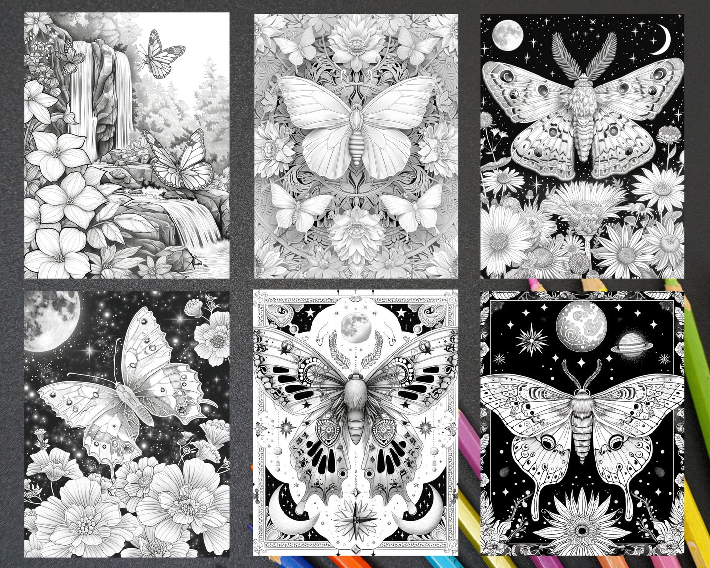 77 Butterflies and Moths Grayscale Adult Coloring Pages, Printable PDF Instant Download