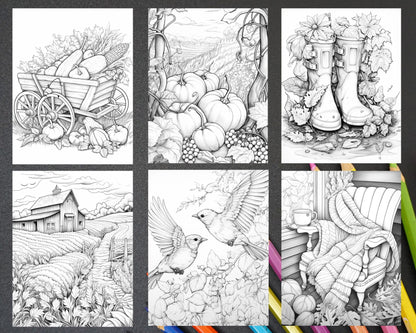 Autumn Vibes Grayscale Coloring Pages Printable for Adults, PDF File Instant Download