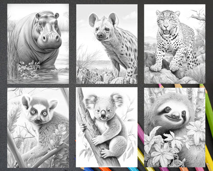 55 Wild Animals Grayscale Coloring Pages for Adults, Printable PDF Instant Download