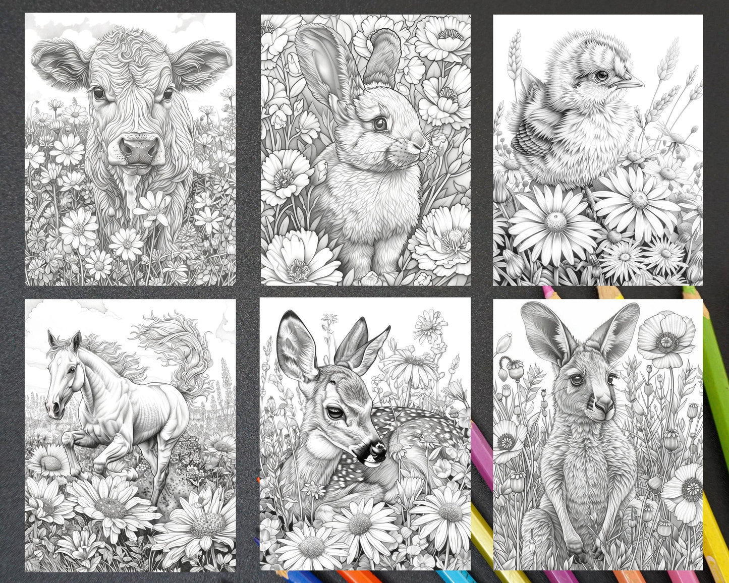 77 Baby Animals with Flowers Grayscale Adult Coloring Pages Printable PDF Instant Download