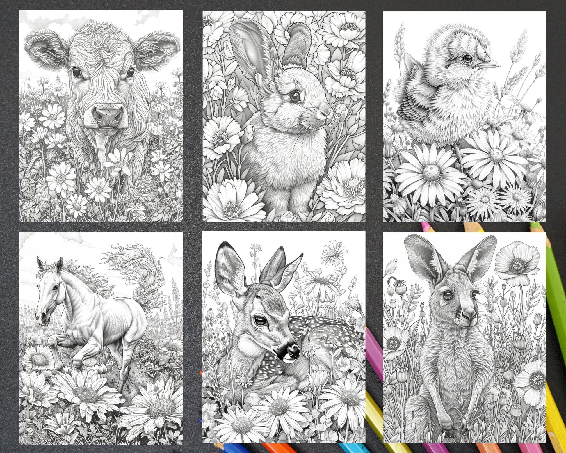 77 Baby Animals with Flowers Grayscale Adult Coloring Pages Printable PDF Instant Download