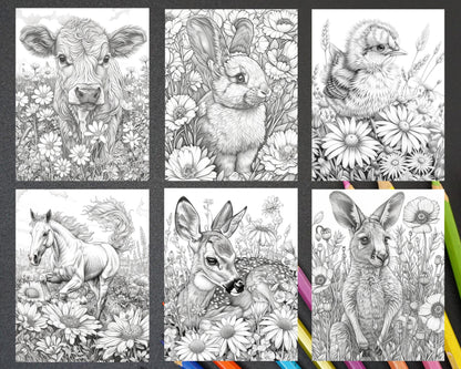 77 Baby Animals with Flowers Grayscale Adult Coloring Pages Printable PDF Instant Download