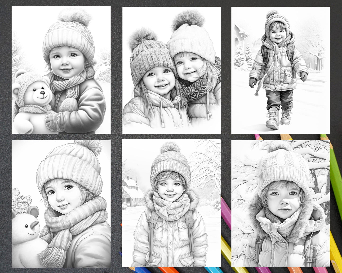 50 Baby Winter Portrait Grayscale Coloring Pages Printable for Adults, PDF File Instant Download