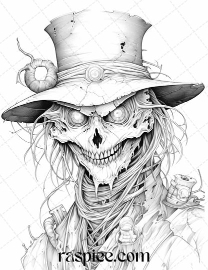 53 Scary Steampunk Scarecrows Grayscale Coloring Pages Printable for Adults, PDF File Instant Download