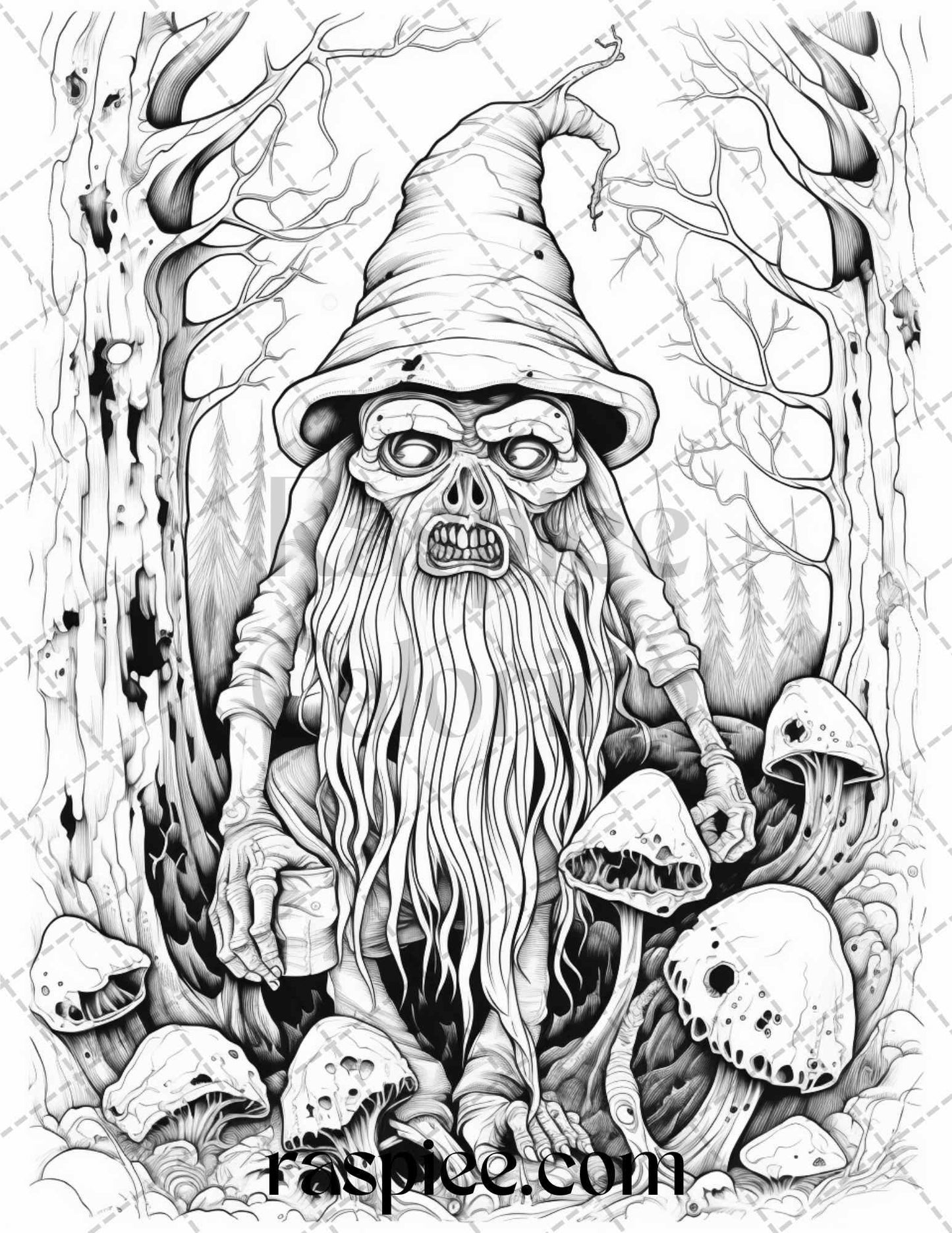 50 Horror Zombie Gnomes Grayscale Coloring Pages Printable for Adults, PDF File Instant Download
