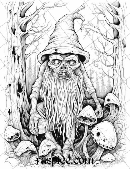 50 Horror Zombie Gnomes Grayscale Coloring Pages Printable for Adults, PDF File Instant Download