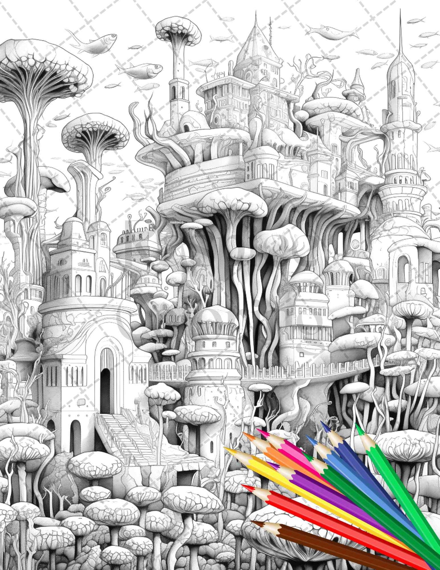 Enchanted Underwater City Grayscale Coloring Pages Printable for Adults, PDF File Instant Download