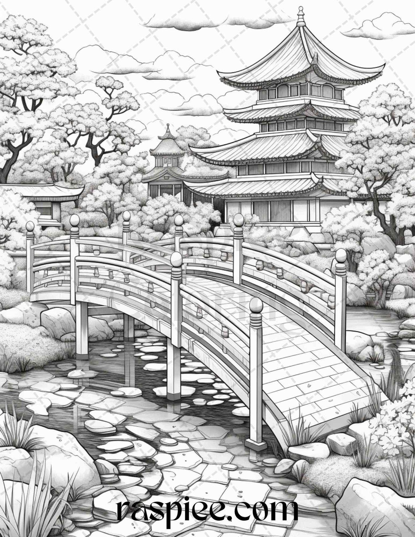 Japanese Garden Grayscale Coloring Pages Printable for Adults, PDF File Instant Download