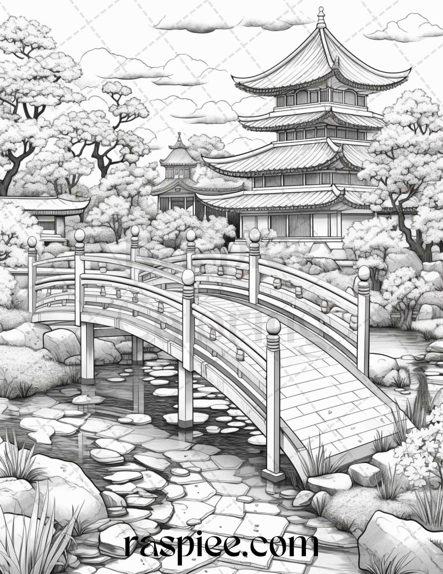 Japanese Garden Grayscale Coloring Pages Printable for Adults, PDF File Instant Download