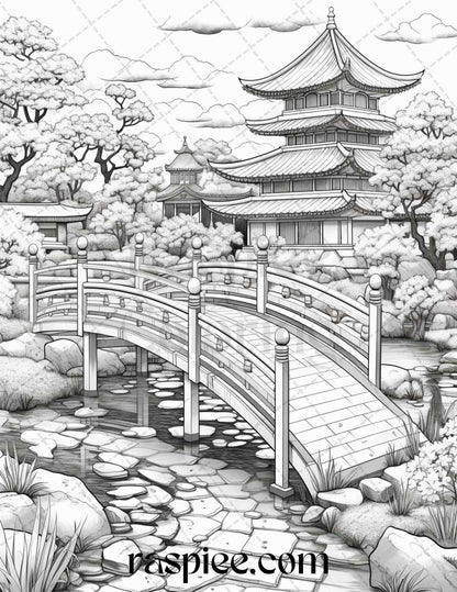 Japanese Garden Grayscale Coloring Pages Printable for Adults, PDF File Instant Download