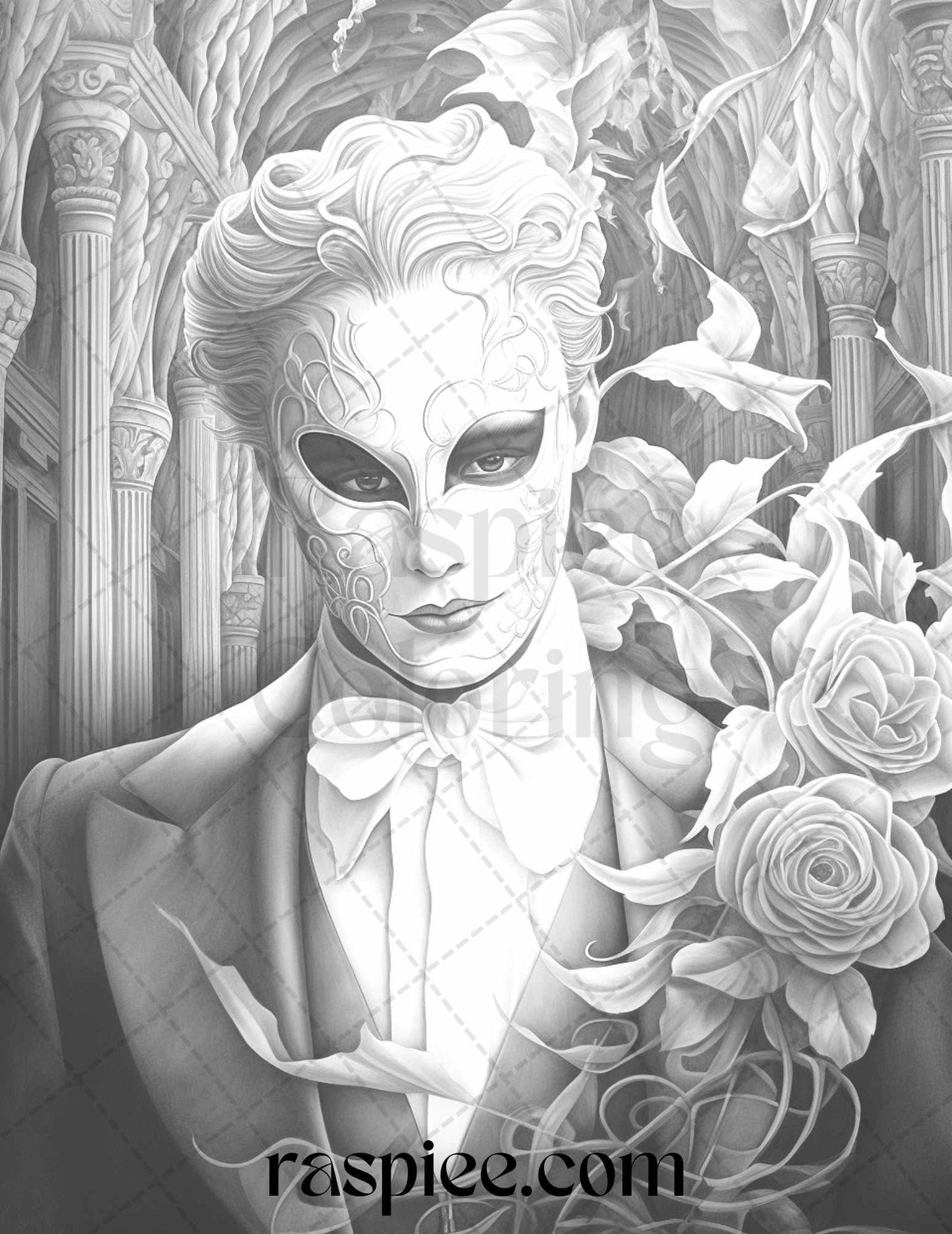 Phantom of the Opera Grayscale Coloring Pages Printable for Adults, PDF File Instant Download
