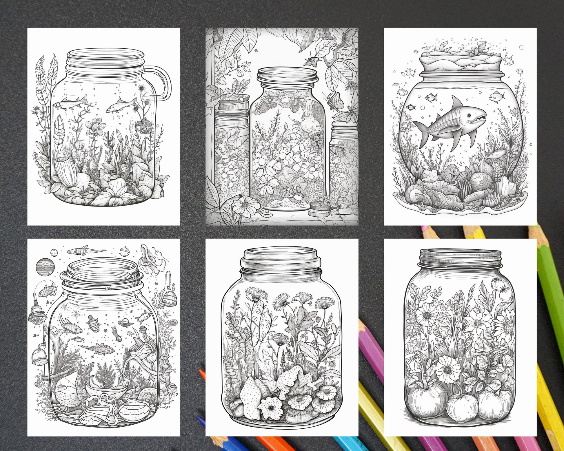 64 Life Inside Jar Printable Coloring Pages for Adults, Grayscale Coloring Book, Printable PDF File Download