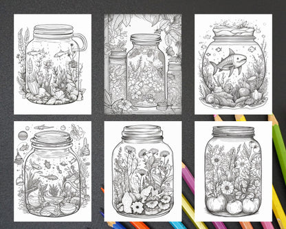 64 Life Inside Jar Printable Coloring Pages for Adults, Grayscale Coloring Book, Printable PDF File Download