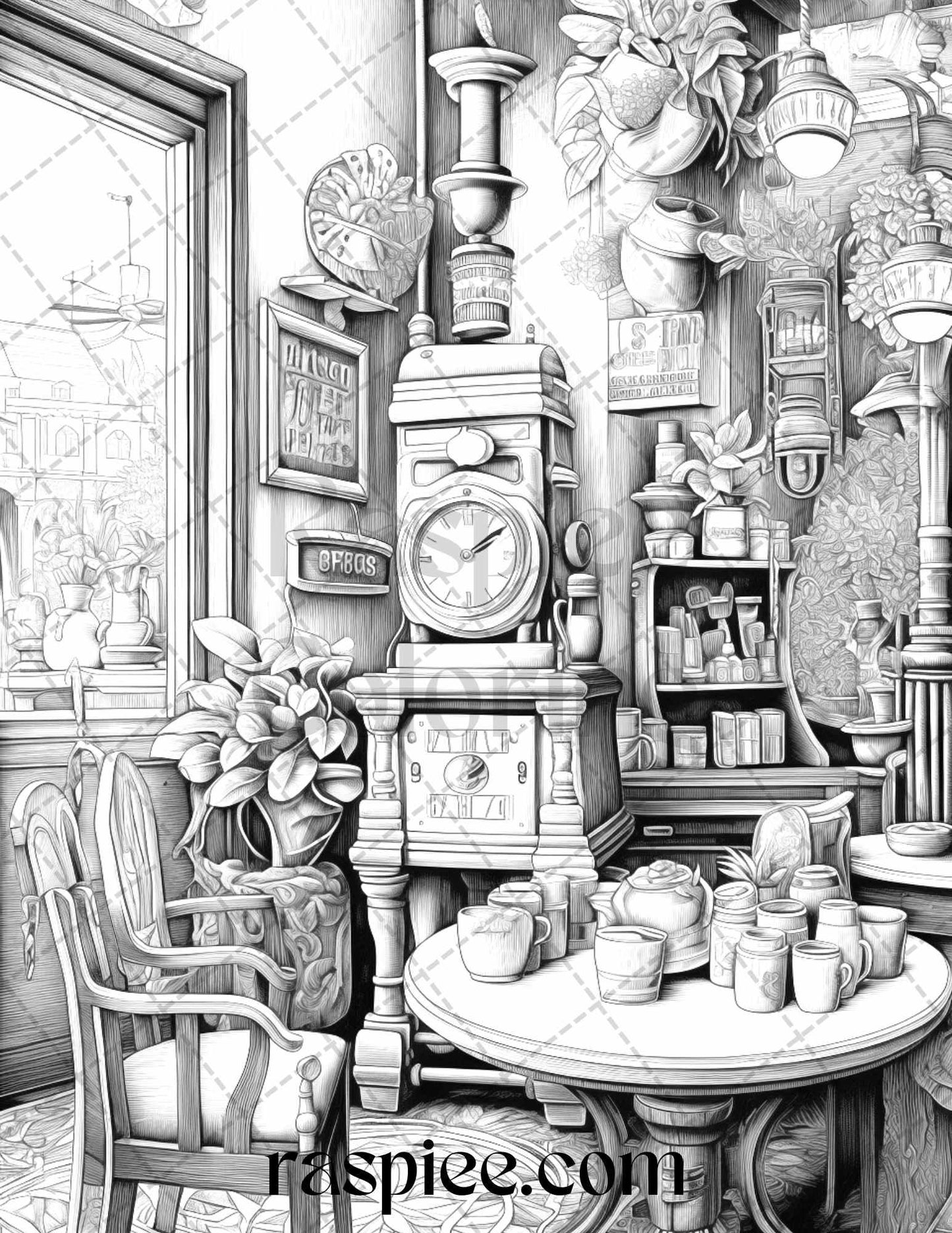 50 Cozy Coffee Shop Grayscale Coloring Pages Printable for Adults, PDF File Instant Download